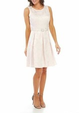 NWT NINE WEST PINK JACQUARD FLORAL FIT AND FLARE BELTED DRESS SIZE 14 $89