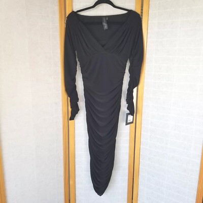 NEW Norma Kamali Tara Dress Black Long Sleeve Off the Shoulder Body Con Small