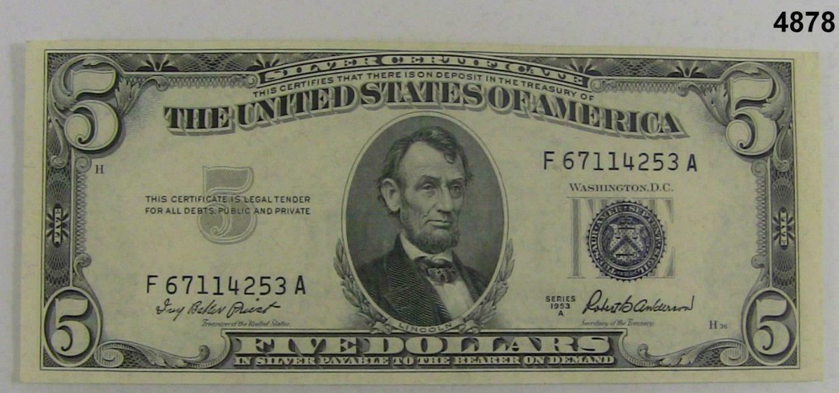 あっさ（感謝）/5 1953 A $5 BLUE SEAL SILVER CERTIFICATE NOTE XF+ SCARCE #4878 | eBay