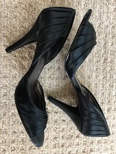 9 West Black Satin Formal Pumps Heel 8.5 Holiday Dress Shoe Rhinestone Open Toe