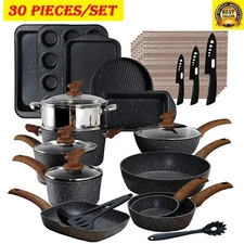 30 Pieces Cookware Set Nonstick Granite Coated Pots and Pans Set Bakeware Set