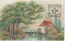 Cartolina d'artista. Mulino ad acqua. Timbrato Napoli