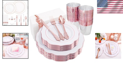 175PC Elegant Rose Gold Plastic Dinnerware Set for Effortless Celebrations - Picture 2 of 8