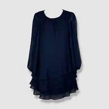 MSK Women's Blue Ruffled Round Neck Sheer Puff Sleeve Dress Petite Size PL