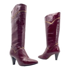 Vintage 70s Womens 6W 6 W Knee High Leather Boots Almond Cuban Gold Trim Oxblood