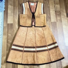 Vintage 70's Real Suede Leather Tan and Brown Vest and Skirt Set Size 14