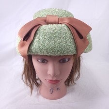 Vintage Green Women's Hat Large Brown Bow Derby Church Easter Hat