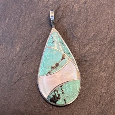 Nelson Lee Navajo Channel Inlay Vintage Turquoise Shell 2  Pendant Sterling 3