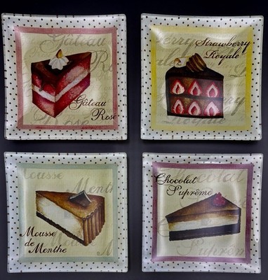 Plates Dessert / Appetizer PRIMA DONNA Glass 6'' Fancy CAKES pattern Set Of 4