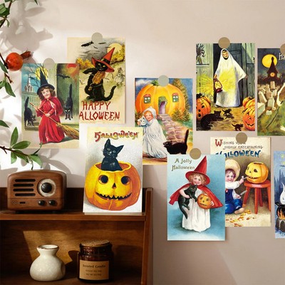 Vintage Halloween Postkarten Set Hexe Kürbis Retro Grußkarten 12er