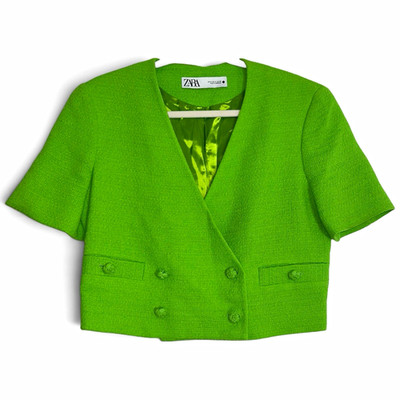 Zara Neon Lime Green Textured Tweed Cropped Short Sleeve Blazer Jacket M