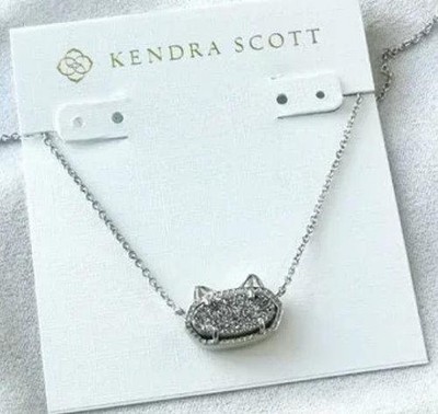  Kendra Scott Elisa Cat Kitty Rhodium Platinum Gray Drusy pendant necklace new