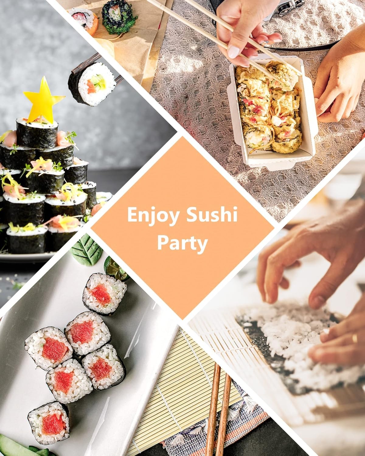 JIALEEY Bamboo Sushi Rolling Mat, 9.5x9.5 Inch, 6 PCS Set Medium, Brown 