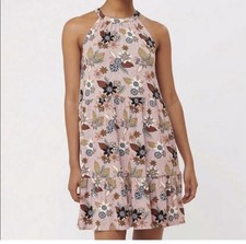 LOFT NWOT Halter Dress Size M Tiered Ruffle Pink Floral Mini