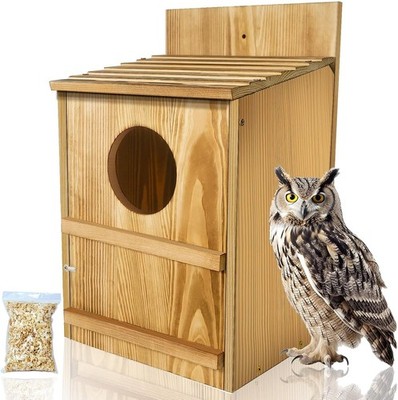 Large Wooden Owl Nesting Box with Circular Opening Cedar Outdoor Bird House