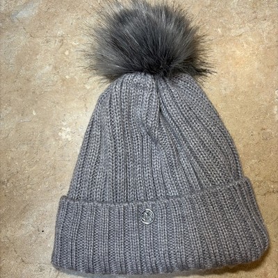 Calvin Klein Faux Fur Grey Ribbed Pom Beanie With Silver CK Logo 