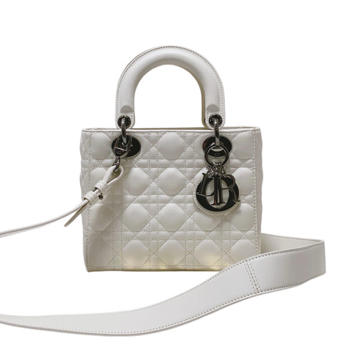 Authentic Dior Lady MyabcDior Small White Leather Cannage Bag Silver Hardware