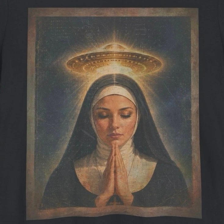 Vintage UFO NUN T-Shirt, Alien God Disclosure Shirt, UAP Jesus Christ Bible Tee