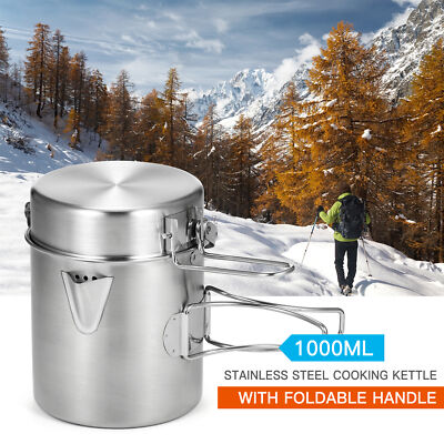 1L Stainless Steel Cooking Pot Cooking Kettle 2-in-1 Design W/ Foldable Handle