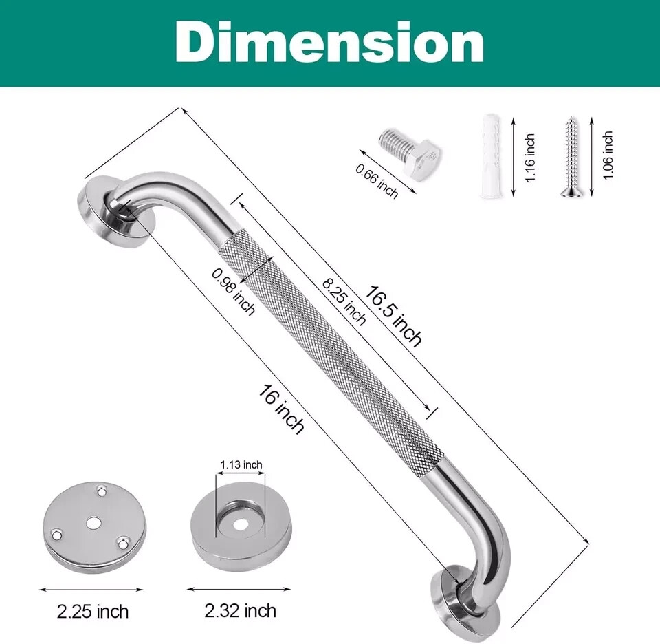 2 Pack 16 Inch Stainless Steel Grab Bars For Bathroom Safety - Supports 500lbs With Anti-Slip Grip