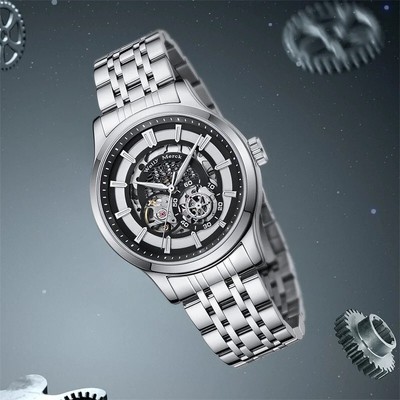 WELLY MERCK Automatic Skeleton Men's Watch Sapphire 30M Waterproof Stainless NEW