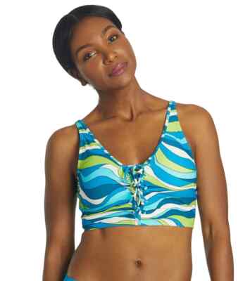Michael Kors Women's Cyan Blue Wave Lace Up Cropped Tankini Swim Top Size S