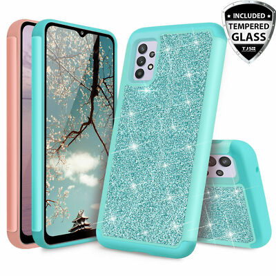 For Samsung Galaxy A32/A12/A52 5G Phone Case Hybrid Glitter Bling+Tempered Glass