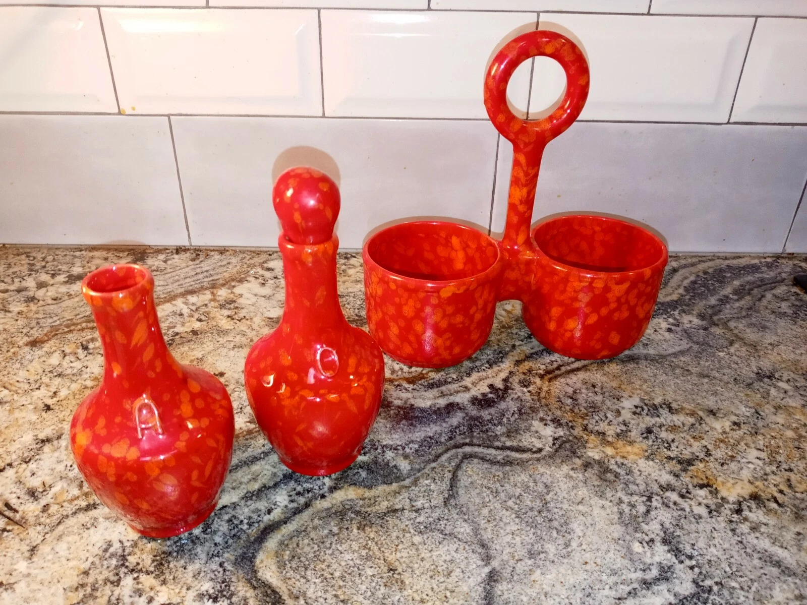 Vintage Ceramiche Oil Vinegar Caddie Cruet Set Red San Marino Fratelli Meloni