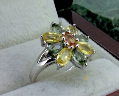 CLUSTER-RING STERLINGSILBER 925 NATÜRLICHER MEHRFARBIGER SAPHIR BLUME GRÖSSE J