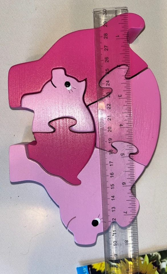 Pink Pig Child Puzzle Vintage Scroll Saw Cut Wood 3-d Mama Pig & Baby Figure - Image 4 of 4