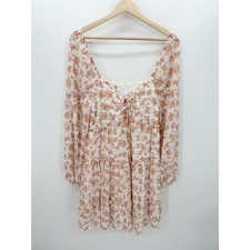 Orange Pink Microfloral Long Sleeve Boho Peasant Mini Dress Summer Ruffle Sz M