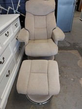 Lovely Reclining Armchair & Matching Footstool in Beige Fabric. Lovely & Clean