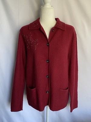 Vtg Classic Elements L 100% wool Cardigan Sweater Petite XL Beige Floral Red