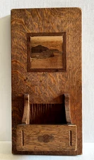 Mission Arts Crafts Oak Wall Pocket Shelf Marquetry Letter Pipe Match Holder