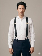 Vintage Black w/ Contrasting Stitching Braces Button Suspenders - One Size