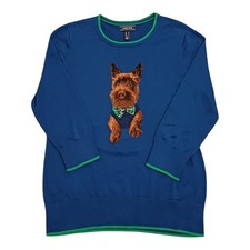 Landsend Women's Jumper Size M Blue & Green Trim Scotty Dog Design Cute Animal