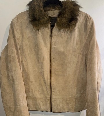 Vtg John Paul Richard Sz L Tan Suede Leather Jacket Fur Collar Trim Y2K 90s