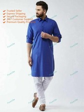 Mens Kurta Plain Traditional Shirts Top Shirt Solid Mens Wear Cotton Blue Kurta