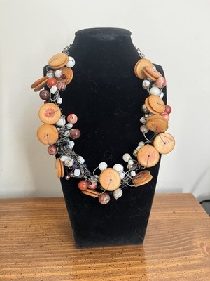 Artisan Wood Glass Bead Cluster Statement Necklace Black Silver Wire 17  Ext