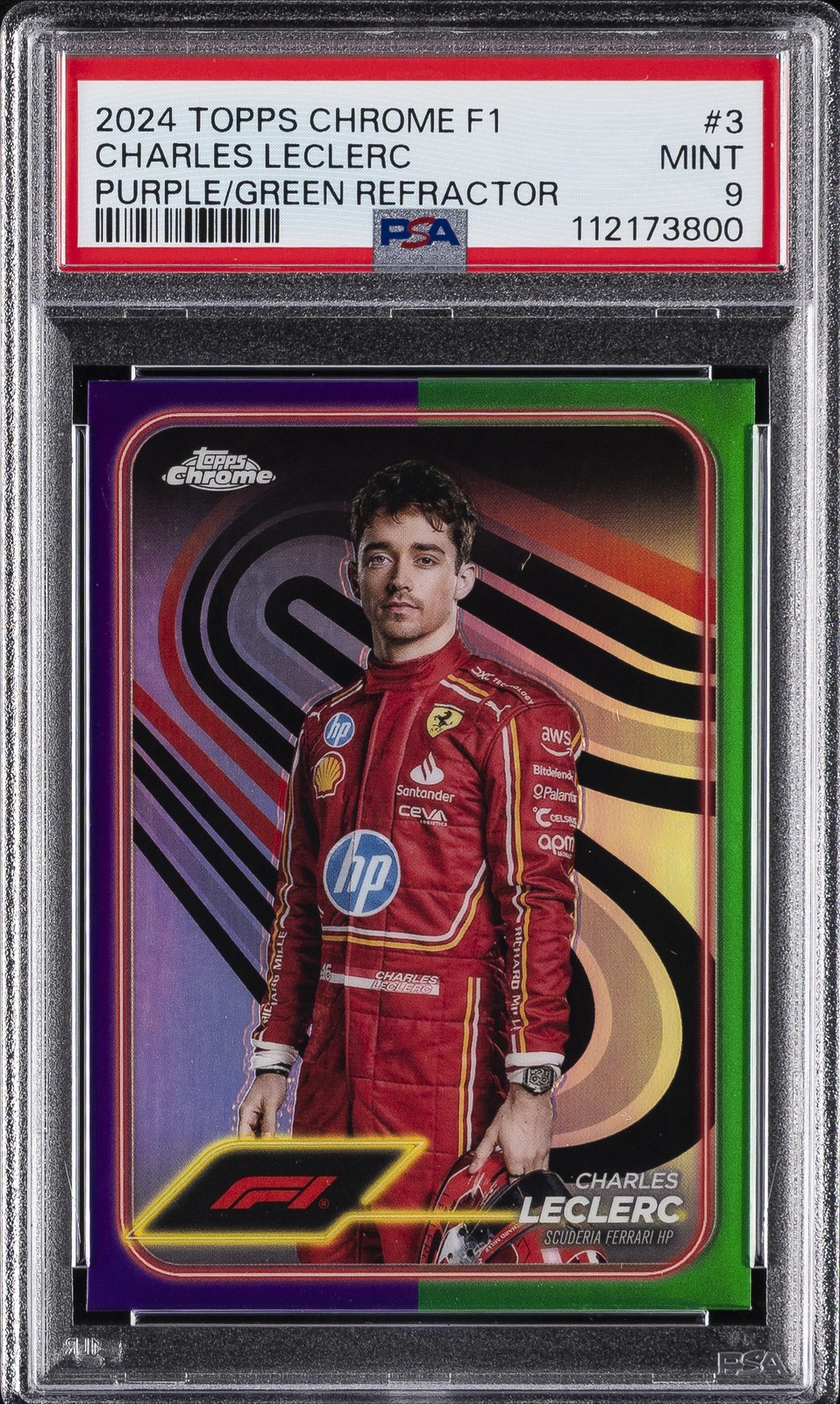 2024 TOPPS CHROME FORMULA 1 PURPLE/GREEN REFRACTOR #3 CHARLES LECLERC PSA 9