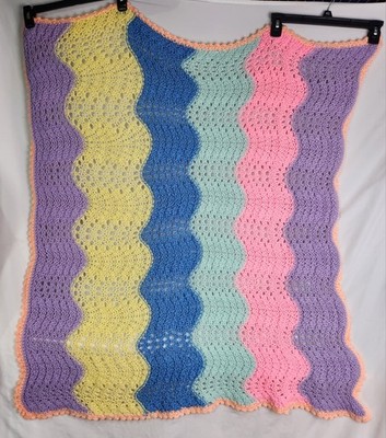 Handmade Crochet Knit Blanket Pastel Rainbow Ripple Throw Nursery Grannycore 45''