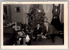 Vtg B&W Snapshot Man And Boy By Decorated Christmas Tree & Gifts Christmas 1951