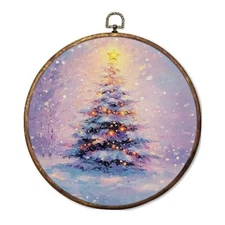 Fyecoluo Pastel Christmas Tree Round Canvas Wall Art, Glowing colour-8