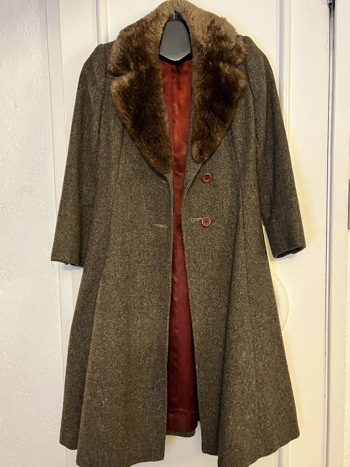 Abrigo largo vintage Paul Levy 100 % lana cuello de piel marrón pequeños bolsillos forrados Foto 3 de 4