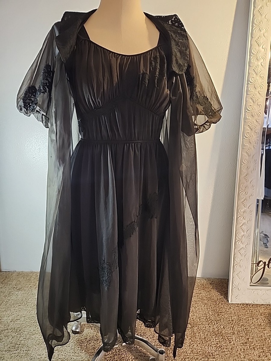 Shadowline Vtg 60's Rare 2pc Chiffon Sexy Layer Black Nylon Gown Robe  Set