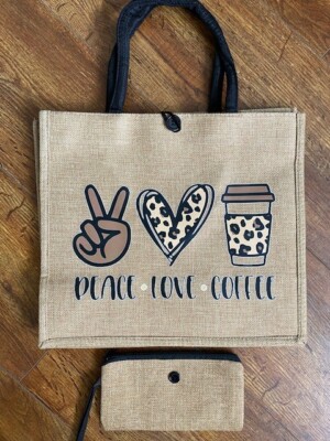 2 pcs burlap tote bag set peace love cofee leopard pattern handbag with walet