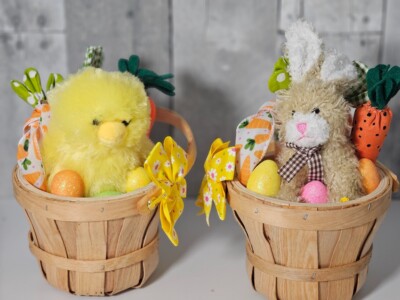 Easter Egg Basket, Woven Wodd Basket with Soft Bunny or Chick for 18'' Dolls