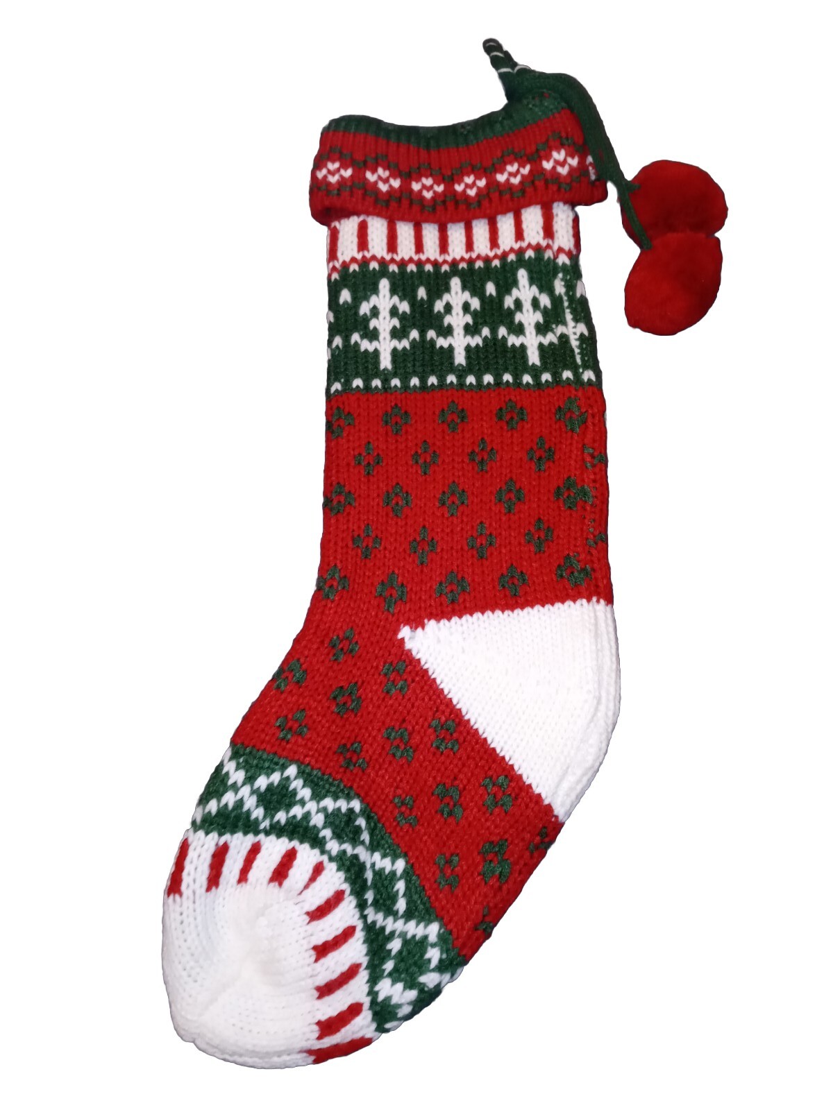Red Knit Sweater Christmas STOCKING Green White Rustic Cabin Trees