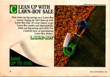 1986 Lawn-Boy Mowers Save Up To $110 Sale Vintage Print Ad 8"W 5.5" Tall