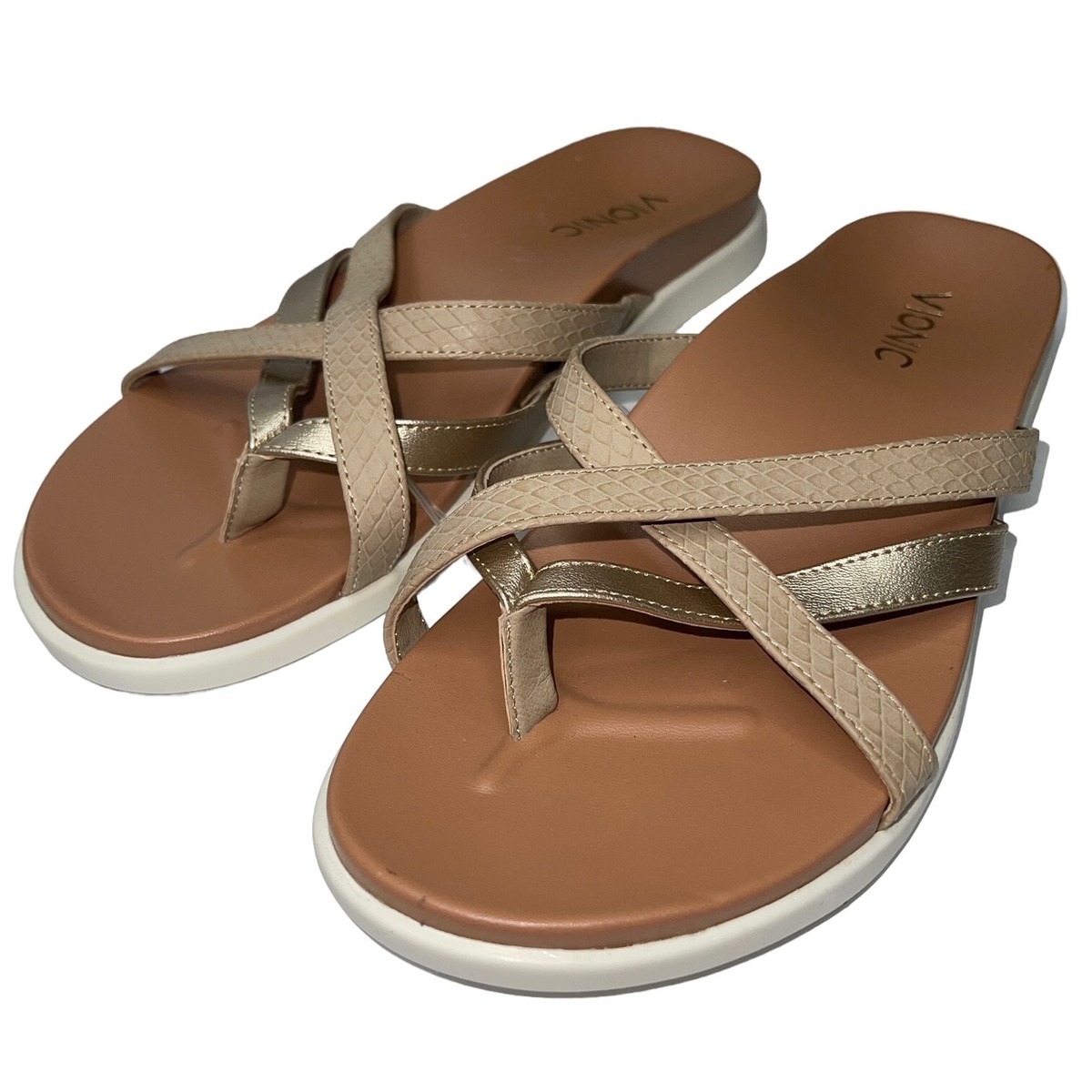 Vionic Sandals Women 7 Gold Metallic Leather Strappy Thong Flat